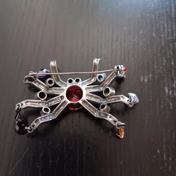 Sterling Silver Marcasite Multicolor Crystal Spider Brooch Vintage Whimsigoth